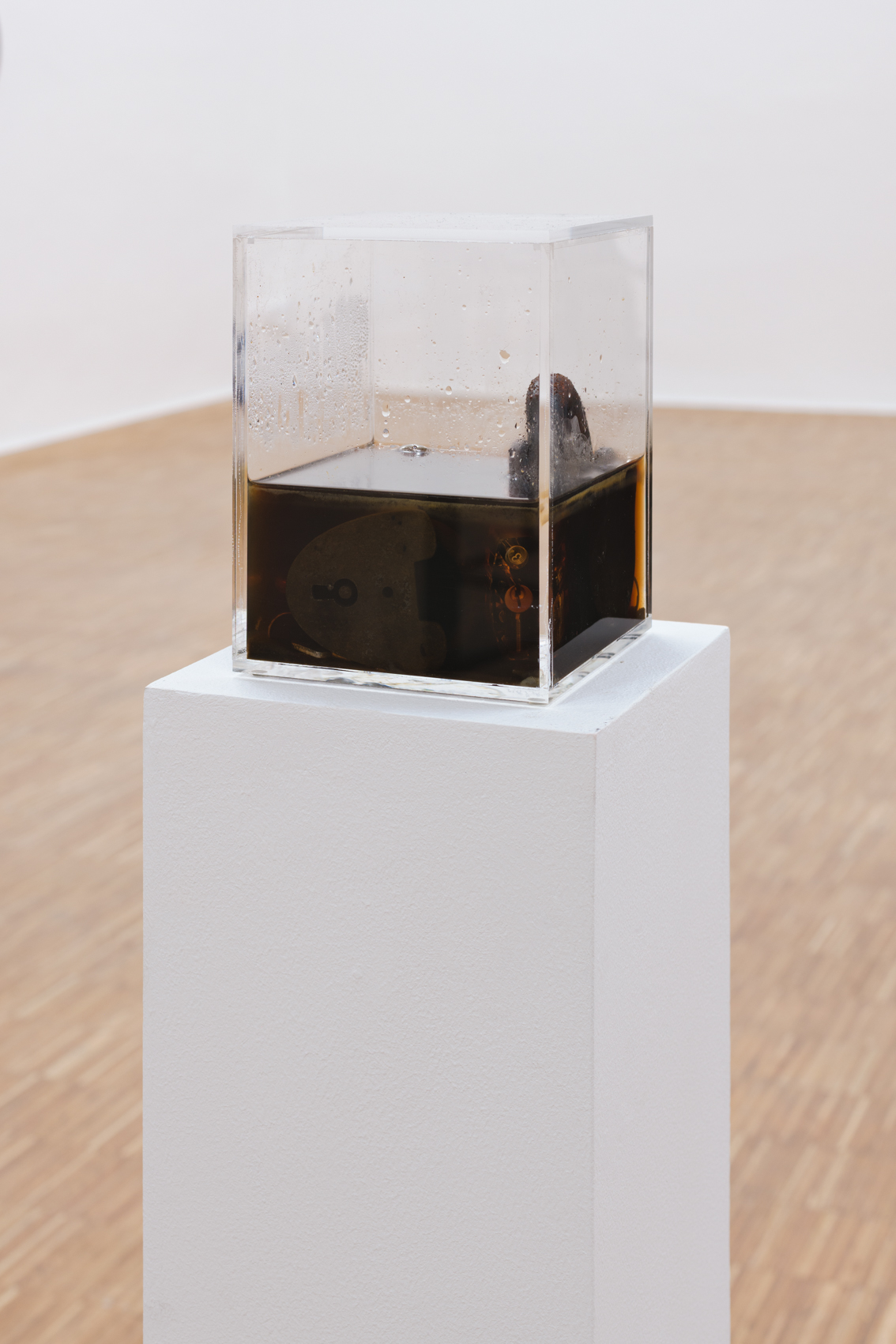 Arc M Sch, The Despair Objects (for Robert), 2022, plexiglass display case, collected padlocks, urine, 18,5 x 14 x 14 cm, courtesy of the artist