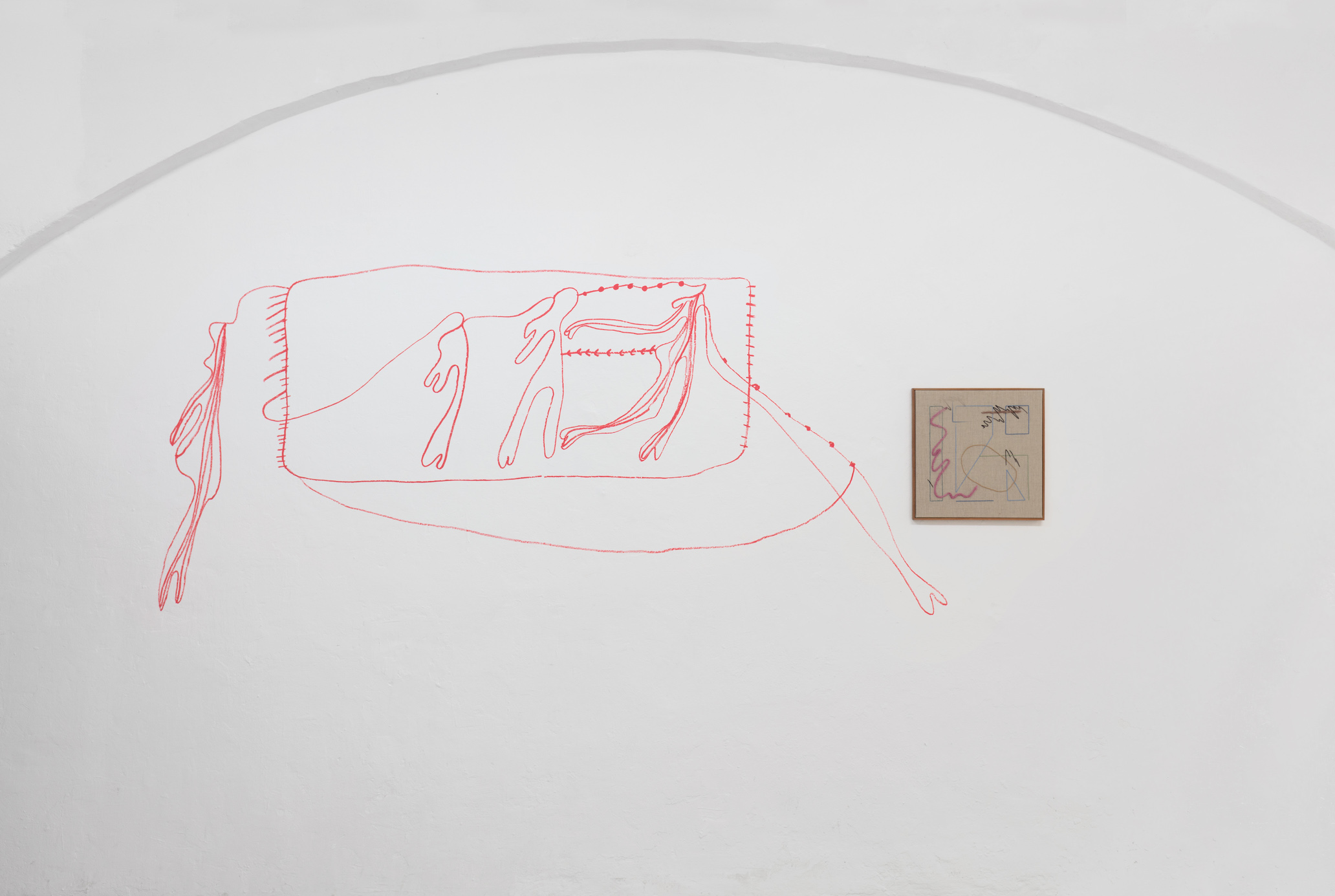 Fatima Moallim, drawing performance; Nadine Byrne, Echoes (20), 2019, Embroidery on linen