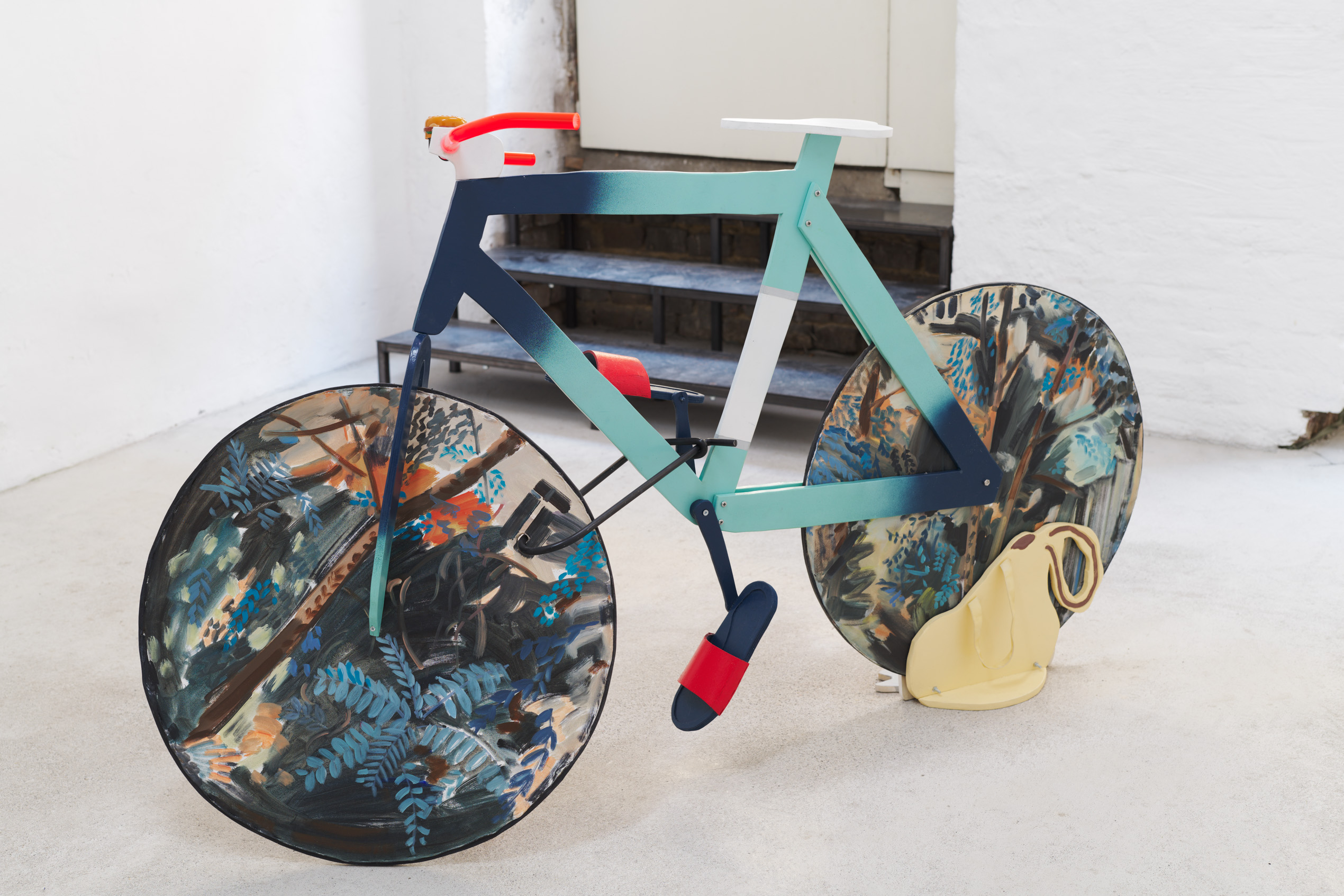 Ellinor Aurora Aasgaard and Elizabeth Ravn, Celeste, 2019, 173 x 60 x 100 cm, wood, oil paint, plastic, canvas, bicycle bell